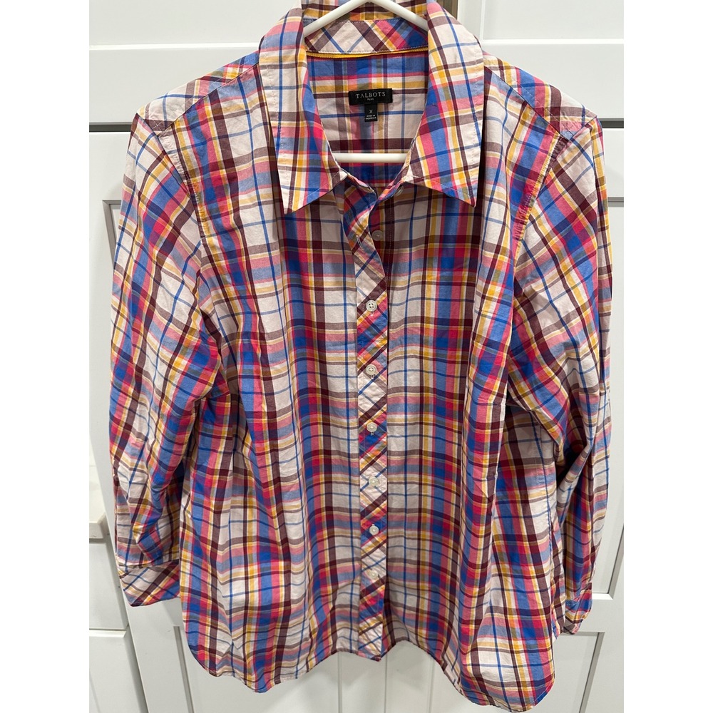 Talbots Plaid Button Down Shirt Long Sleeve Cotton Blend Top Size X